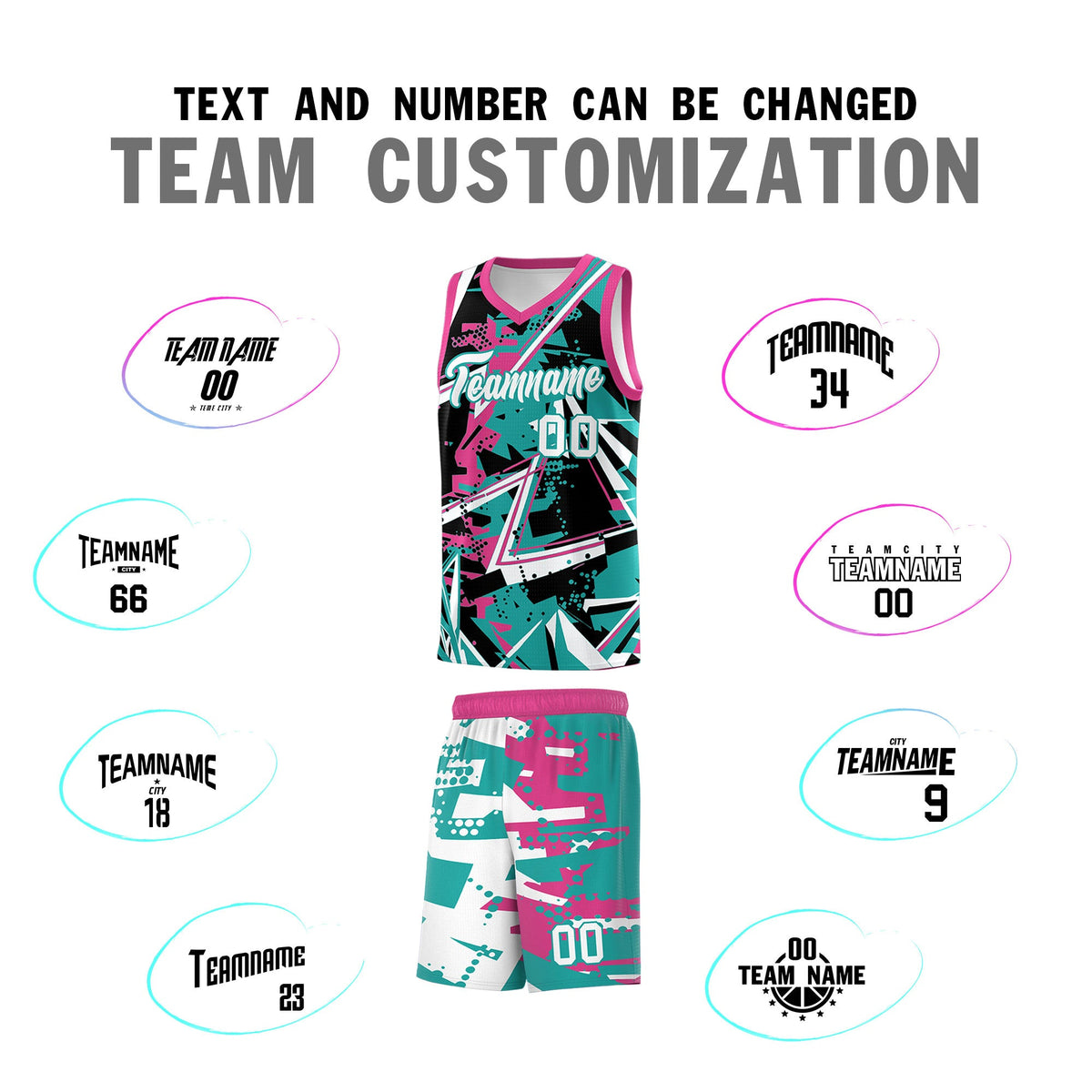 Custom Youth Basketball Jerseys Aqua Rose Red Abstract Graffiti Urban Style Personalized Uniform