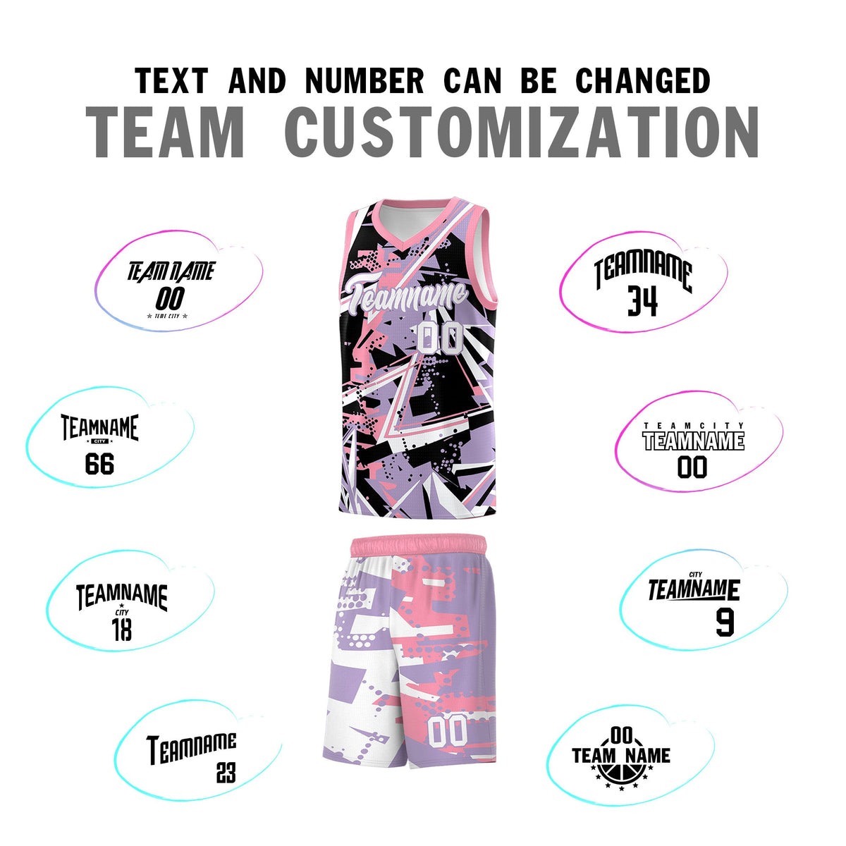 Custom Youth Basketball Jerseys Light Purple Pink Abstract Graffiti Personalized Team Name &amp; Number
