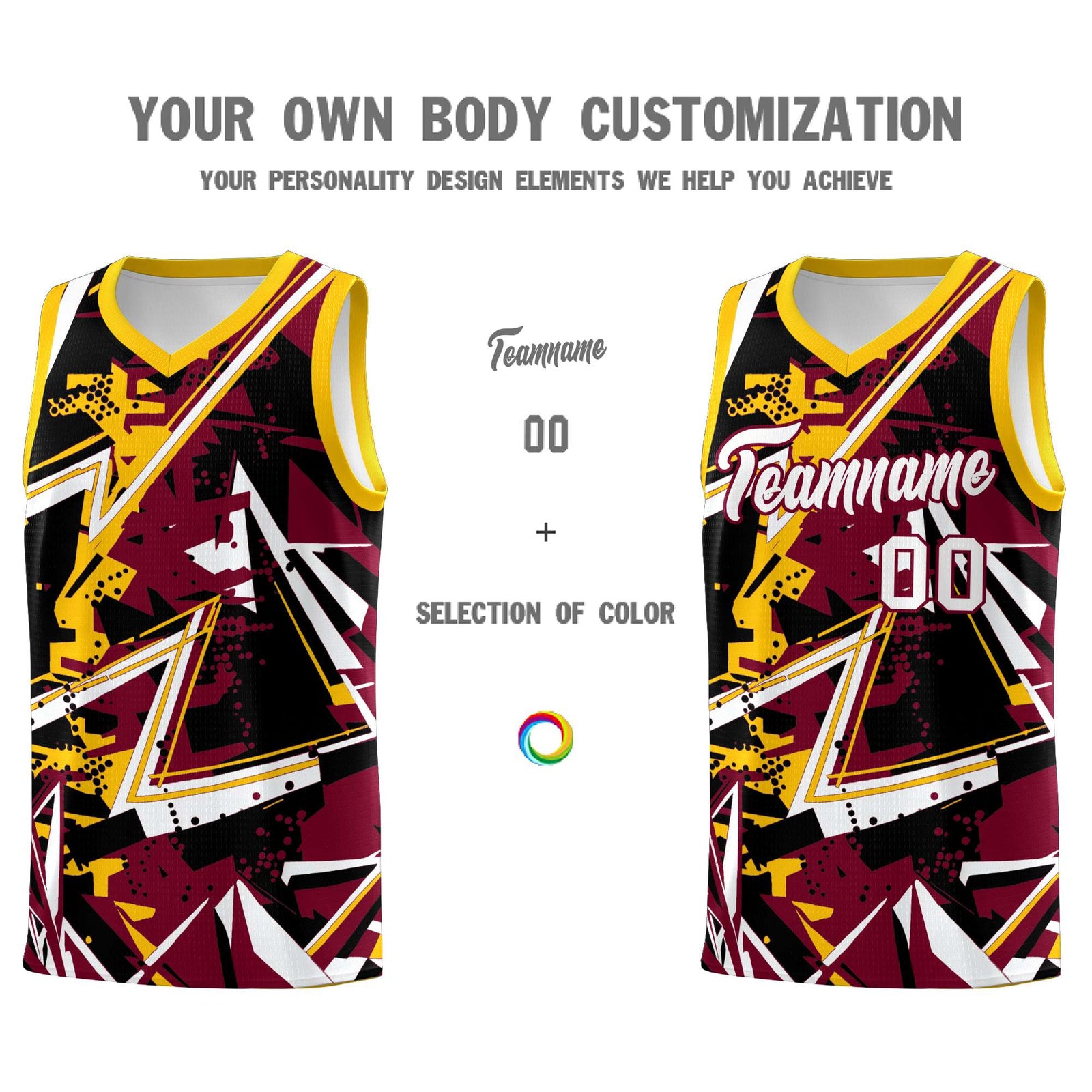 Custom Youth Basketball Jerseys Crimson Yellow Abstract Graffiti Urban Style Personalized Uniform