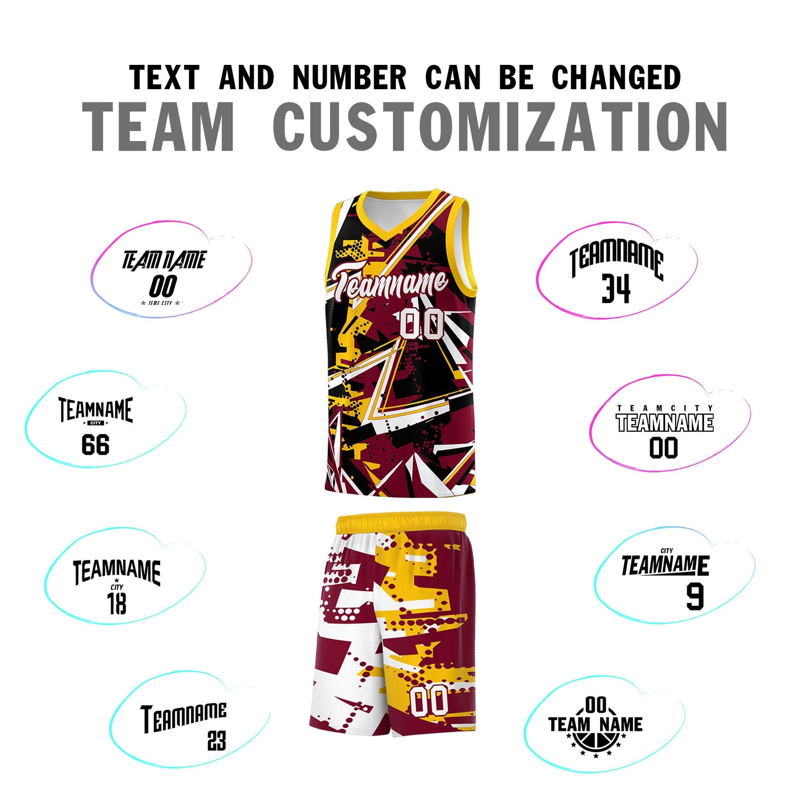 Custom Youth Basketball Jerseys Crimson Yellow Abstract Graffiti Urban Style Personalized Uniform