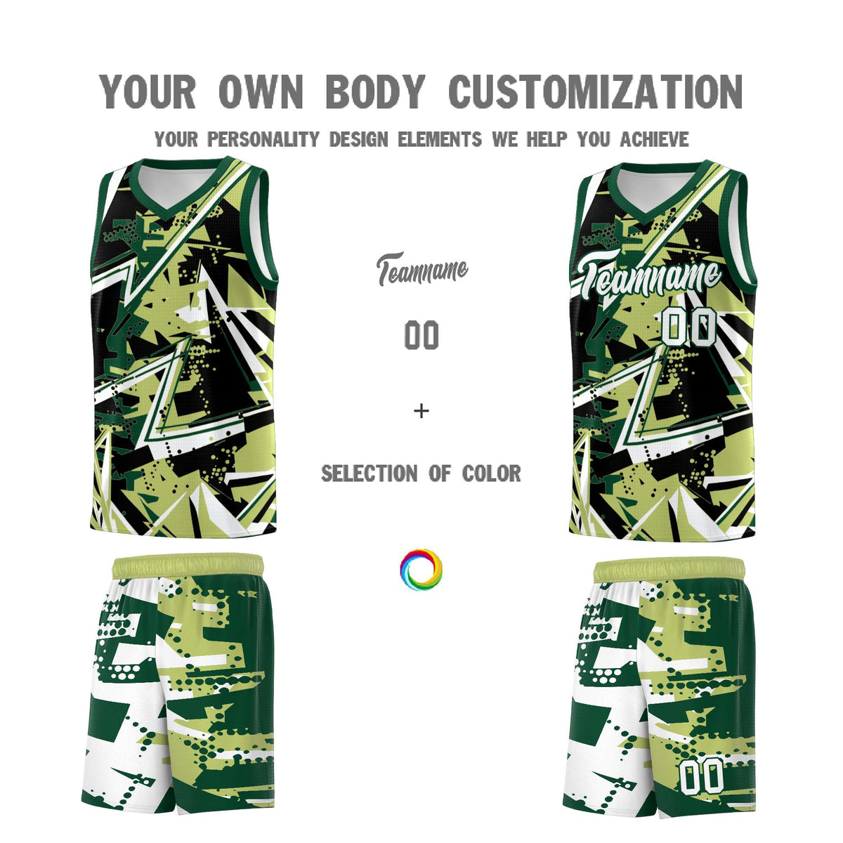 Custom Youth Basketball Jerseys Champagne Kelly Green Abstract Graffiti Urban Style Personalized Uniform