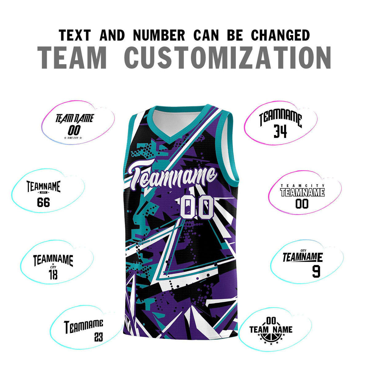 Custom Youth Basketball Jerseys Purple Teal Abstract Graffiti Urban Style Personalized Uniform