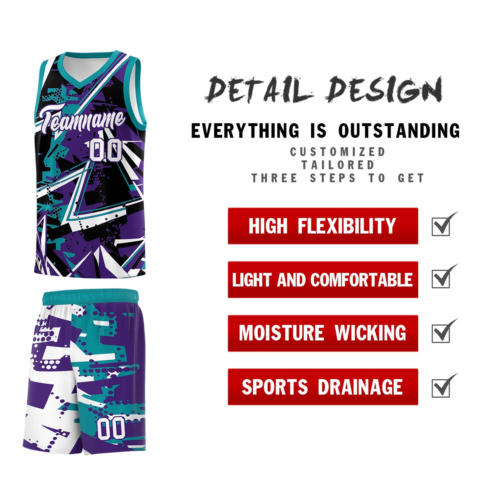 Custom Youth Basketball Jerseys Purple Teal Abstract Graffiti Urban Style Personalized Uniform