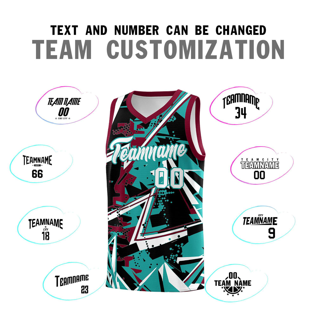 Custom Youth Basketball Jerseys Teal Crimson Abstract Graffiti Personalized Team Name &amp; Number