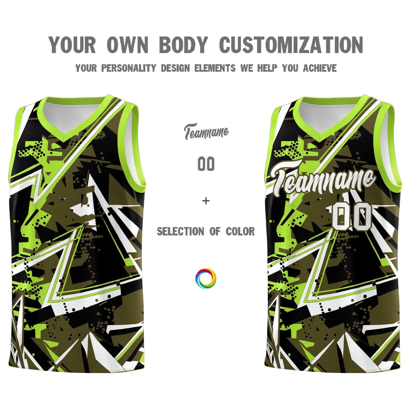 Custom Youth Basketball Jerseys Olive Neon Green Abstract Graffiti Personalized Street Style Uniform