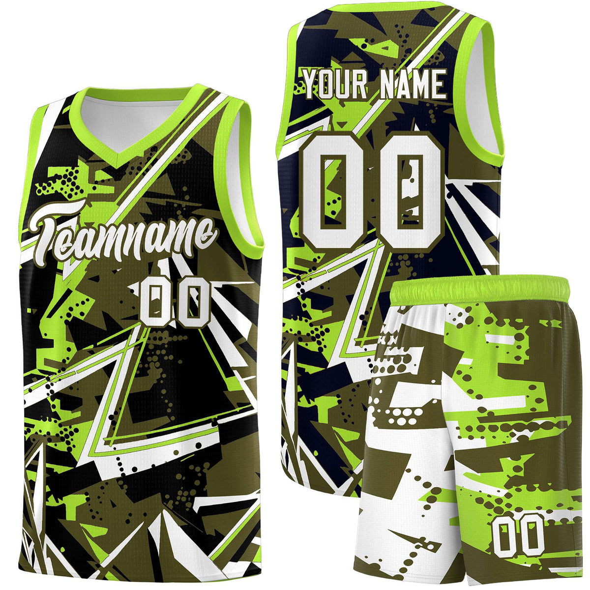Custom Youth Basketball Jerseys Olive Neon Green Abstract Graffiti Personalized Street Style Uniform
