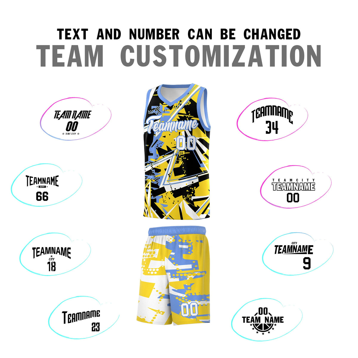 Custom Youth Basketball Jerseys Gold Light Blue Abstract Graffiti Urban Style Personalized Uniform