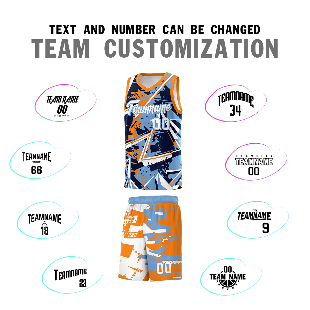 Custom Youth Basketball Jerseys Powder Blue Orange Abstract Graffiti Personalized Team Name &amp; Number