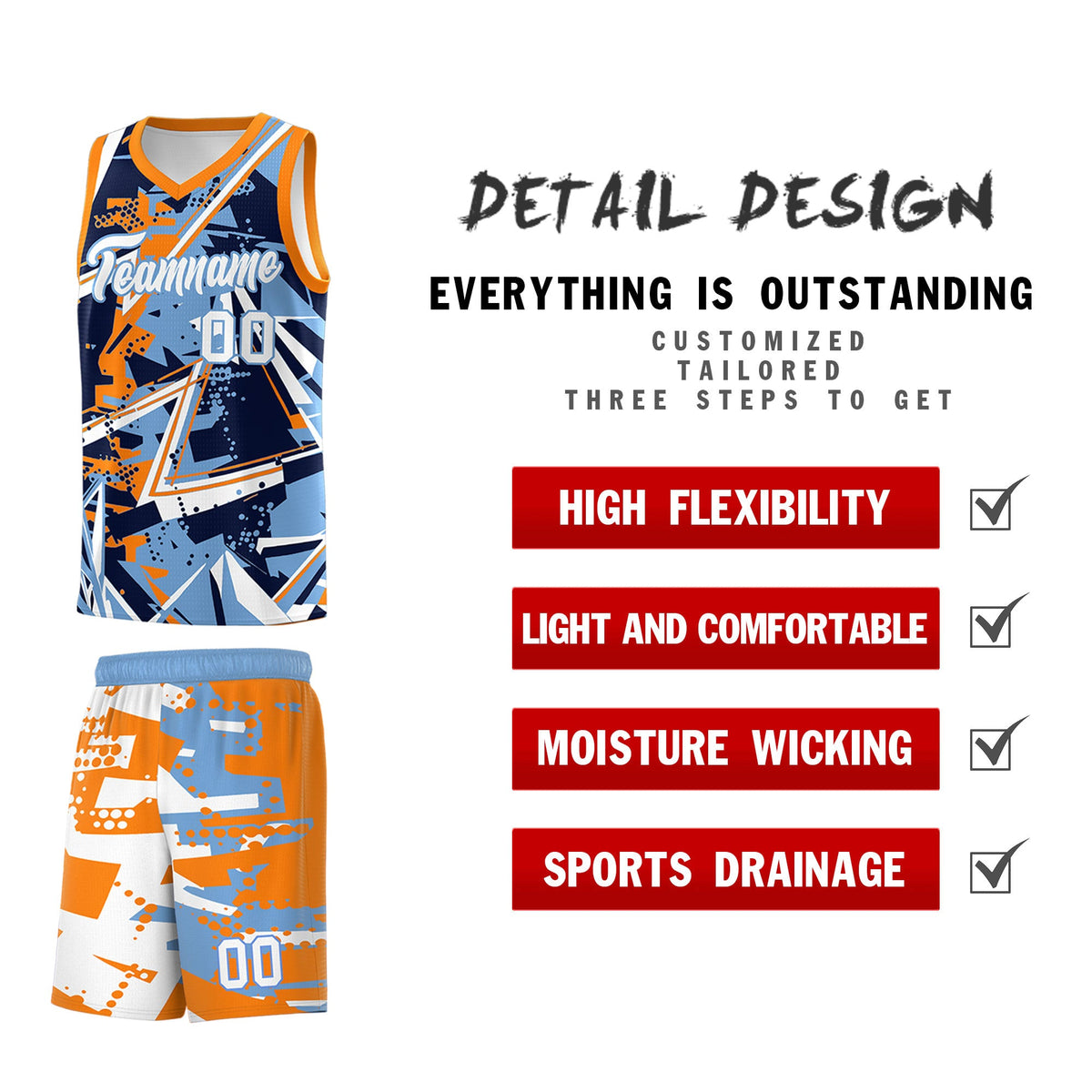 Custom Youth Basketball Jerseys Powder Blue Orange Abstract Graffiti Personalized Team Name &amp; Number