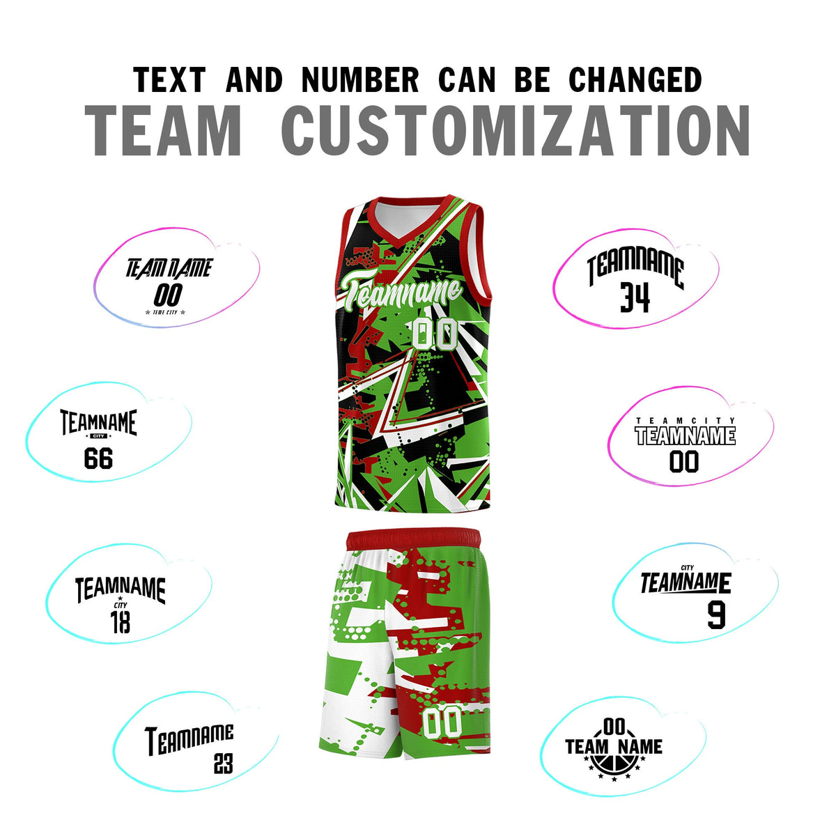 Custom Youth Basketball Jerseys Light Green Red Abstract Graffiti Urban Style Personalized Uniform