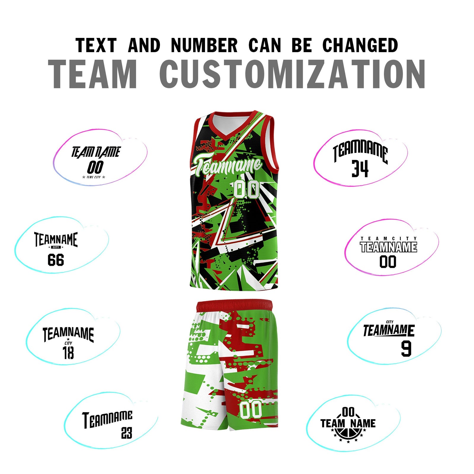 Custom Youth Basketball Jerseys Light Green Red Abstract Graffiti Urban Style Personalized Uniform