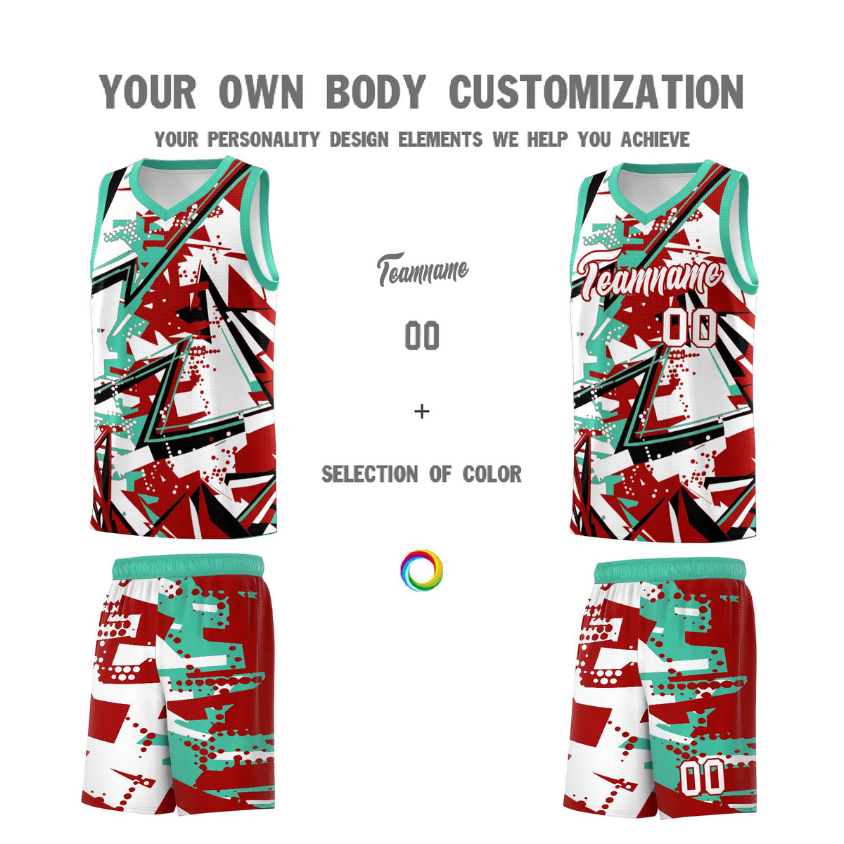 Custom Youth Basketball Jerseys Red Bright Green Abstract Graffiti Personalized Team Name &amp; Number