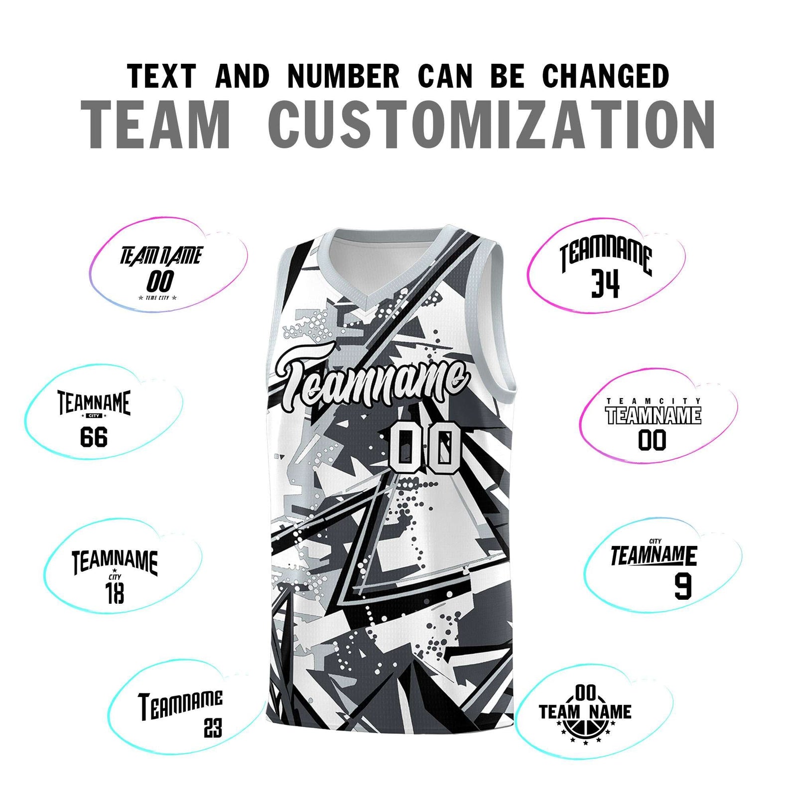 Custom Youth Basketball Jerseys Gray Silver Abstract Graffiti Personalized Team Name & Number