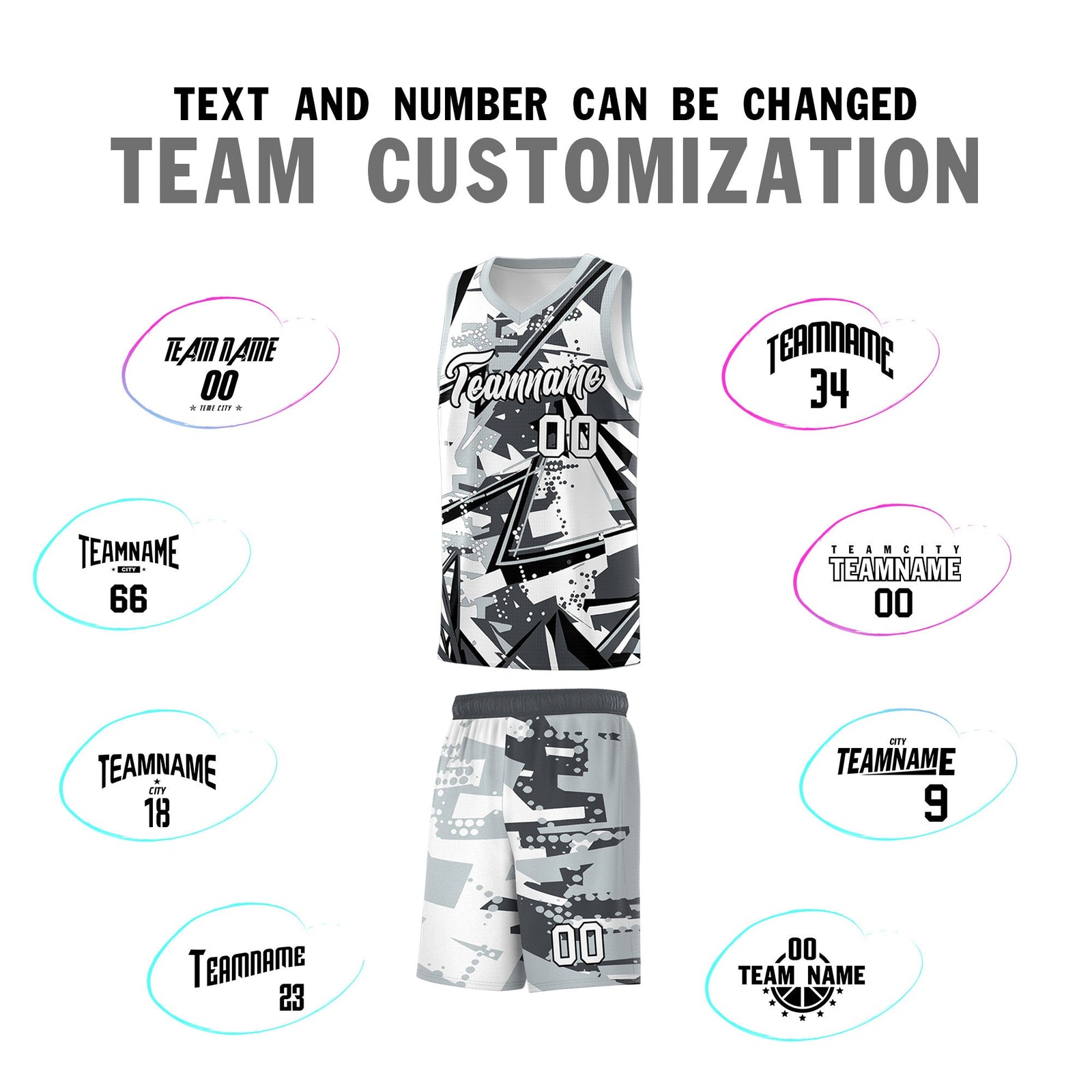Custom Youth Basketball Jerseys Gray Silver Abstract Graffiti Personalized Team Name & Number