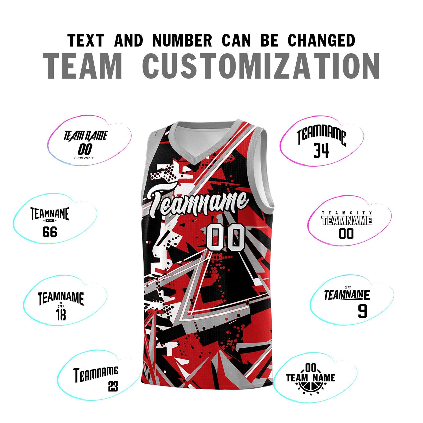 Custom Youth Basketball Jerseys Red Gray Abstract Graffiti Personalized Team Name & Number