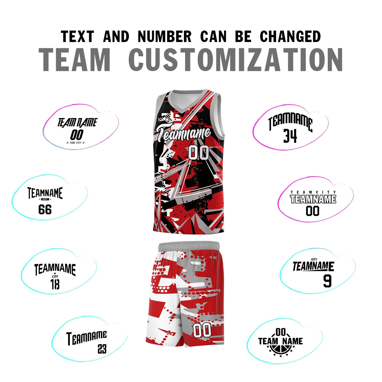 Custom Youth Basketball Jerseys Red Gray Abstract Graffiti Personalized Team Name & Number