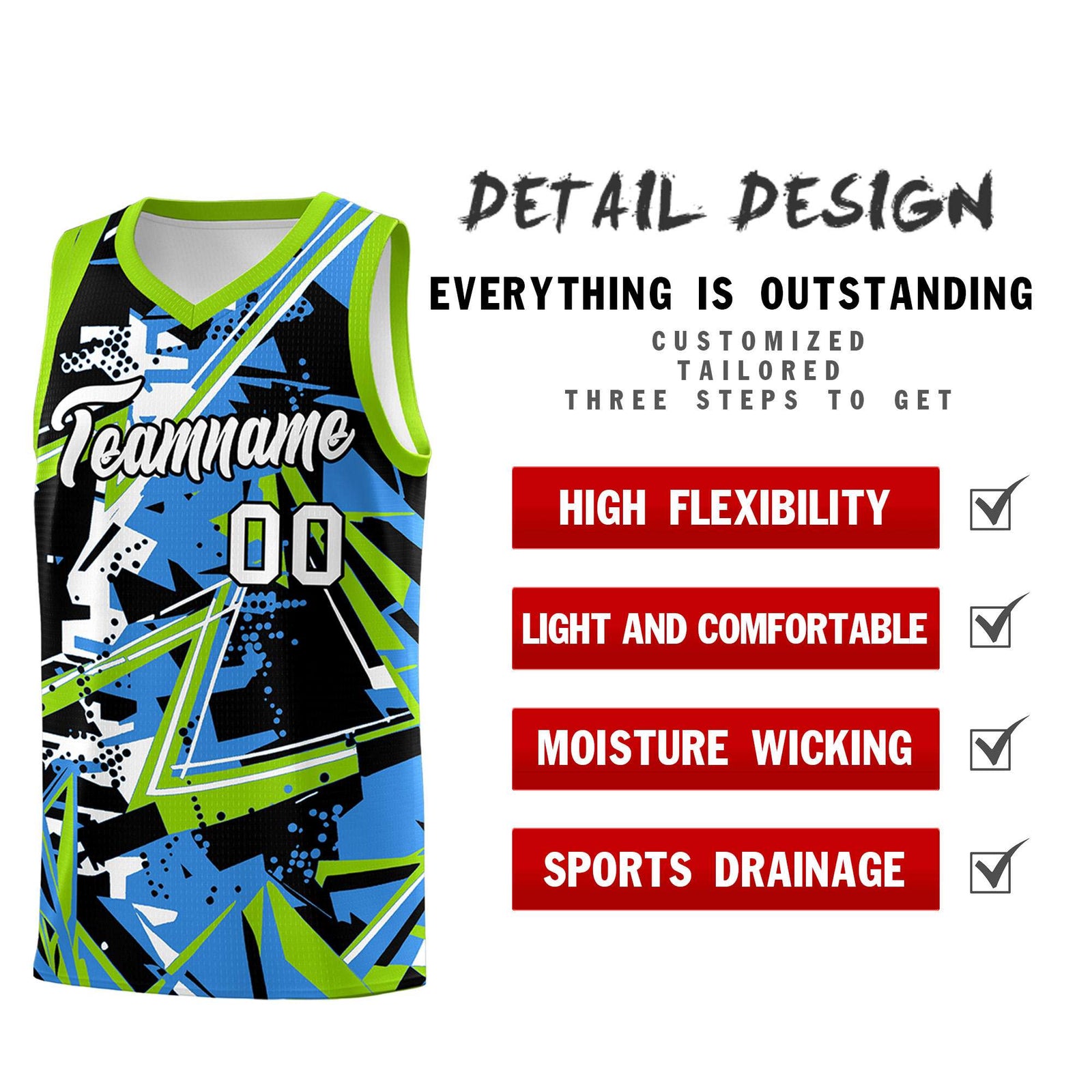 Custom Youth Basketball Jerseys Light Blue Neon Green Abstract Graffiti Personalized Street Style Uniform