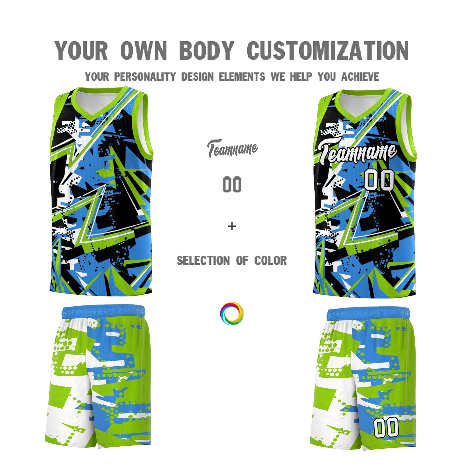 Custom Youth Basketball Jerseys Light Blue Neon Green Abstract Graffiti Personalized Street Style Uniform