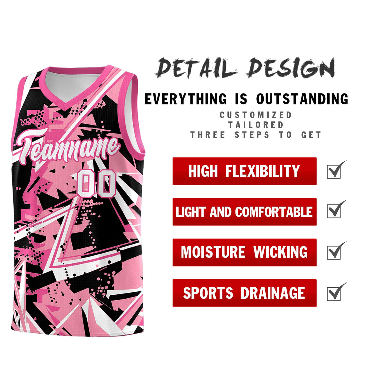 Custom Youth Basketball Jerseys Light Pink Rose Red Abstract Graffiti Personalized Team Name &amp; Number