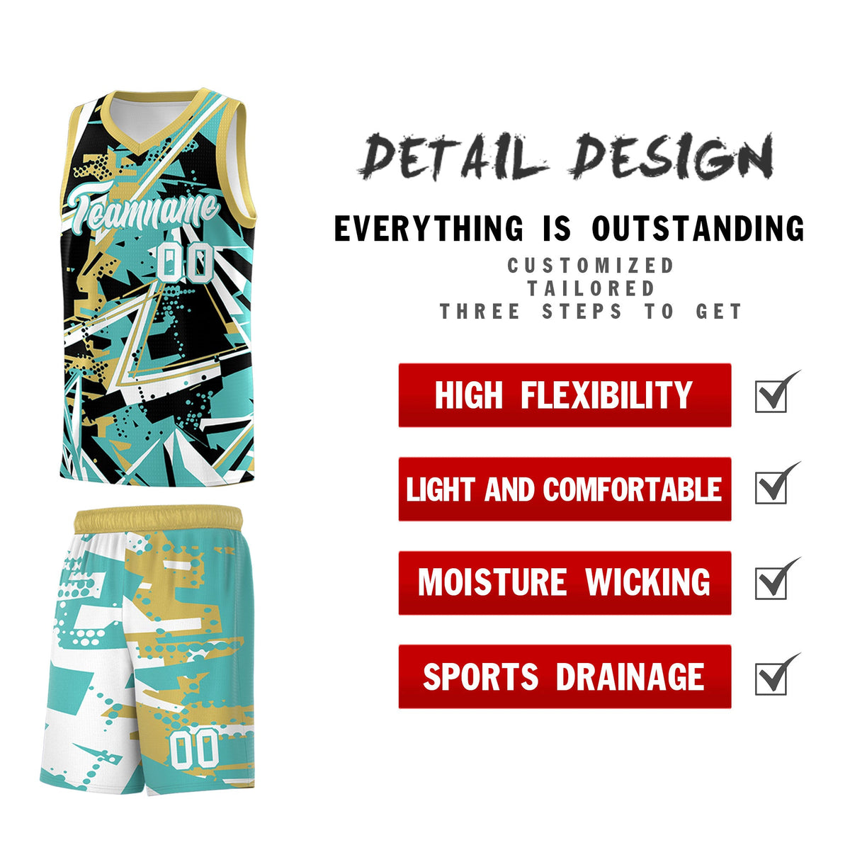 Custom Youth Basketball Jerseys Teal Old Gold Abstract Graffiti Personalized Street Style Uniform