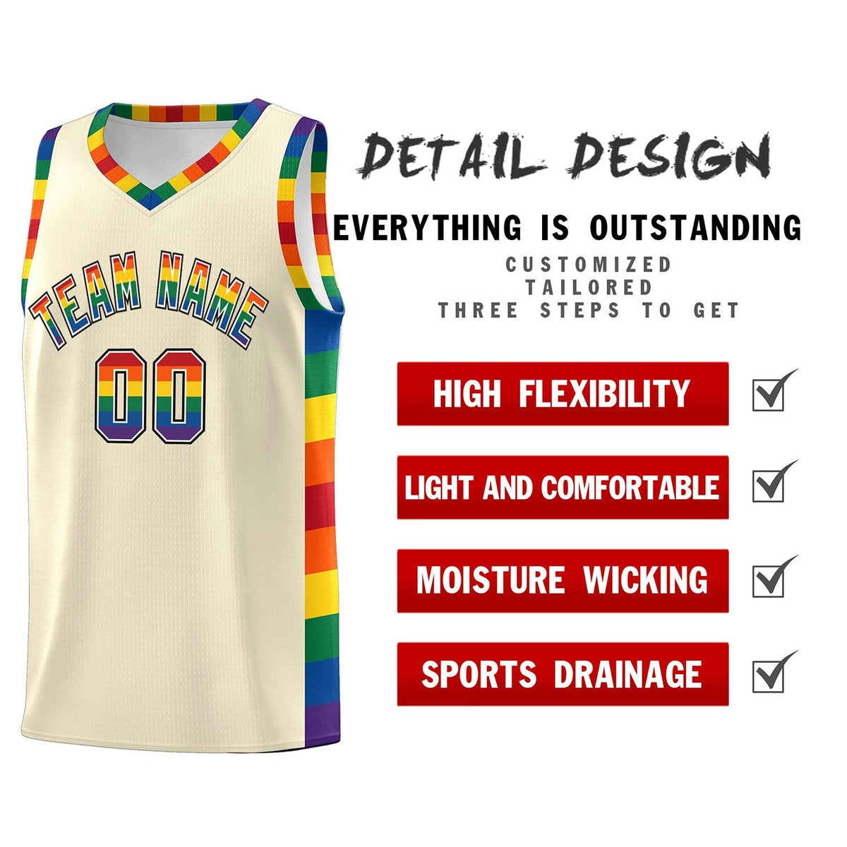 Custom Cream LGBT Rainbow For Pride Month Sports Uniform Basketball Jersey