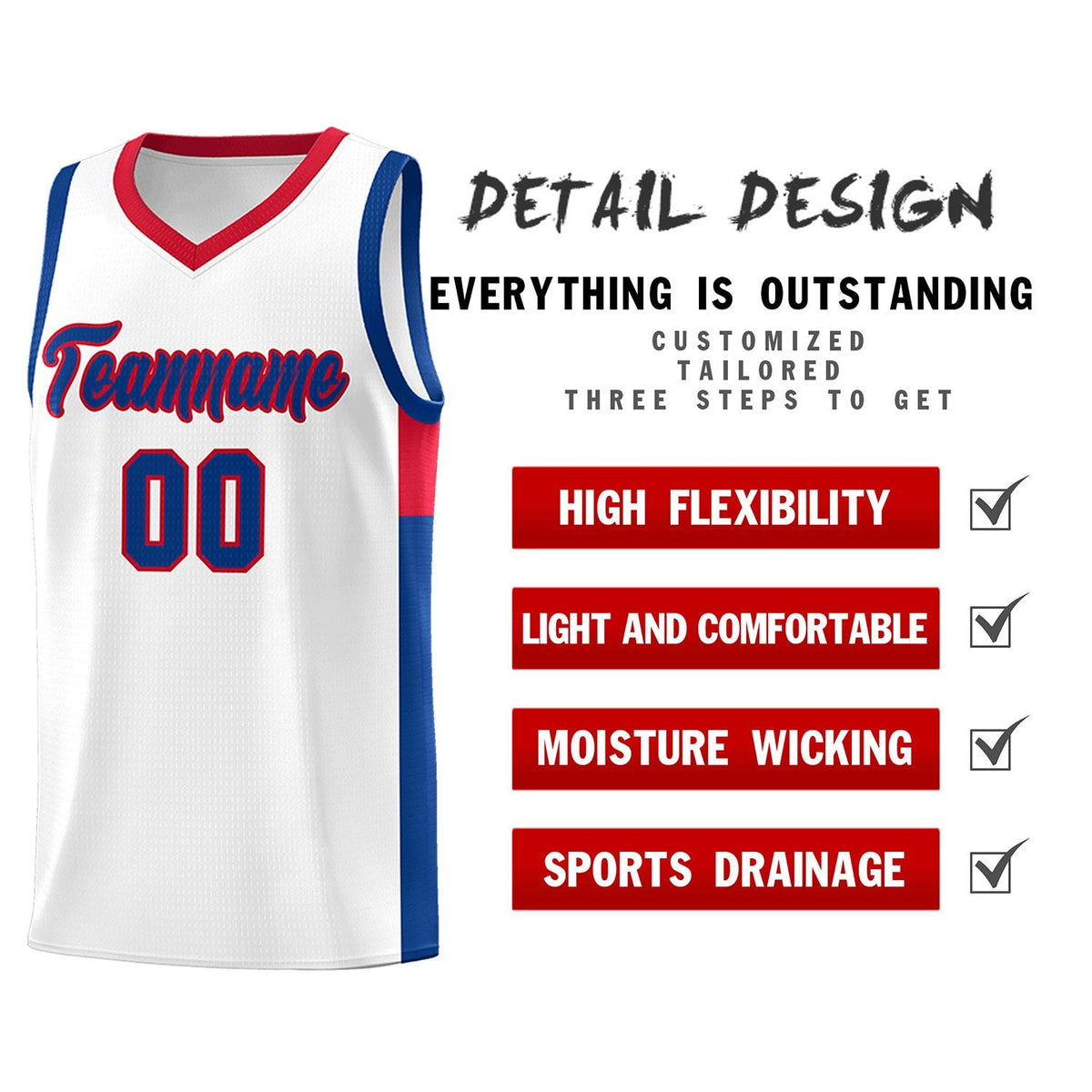 Custom White Royal-Red Side Two-Tone Classic Sports Uniform Basketball Jersey