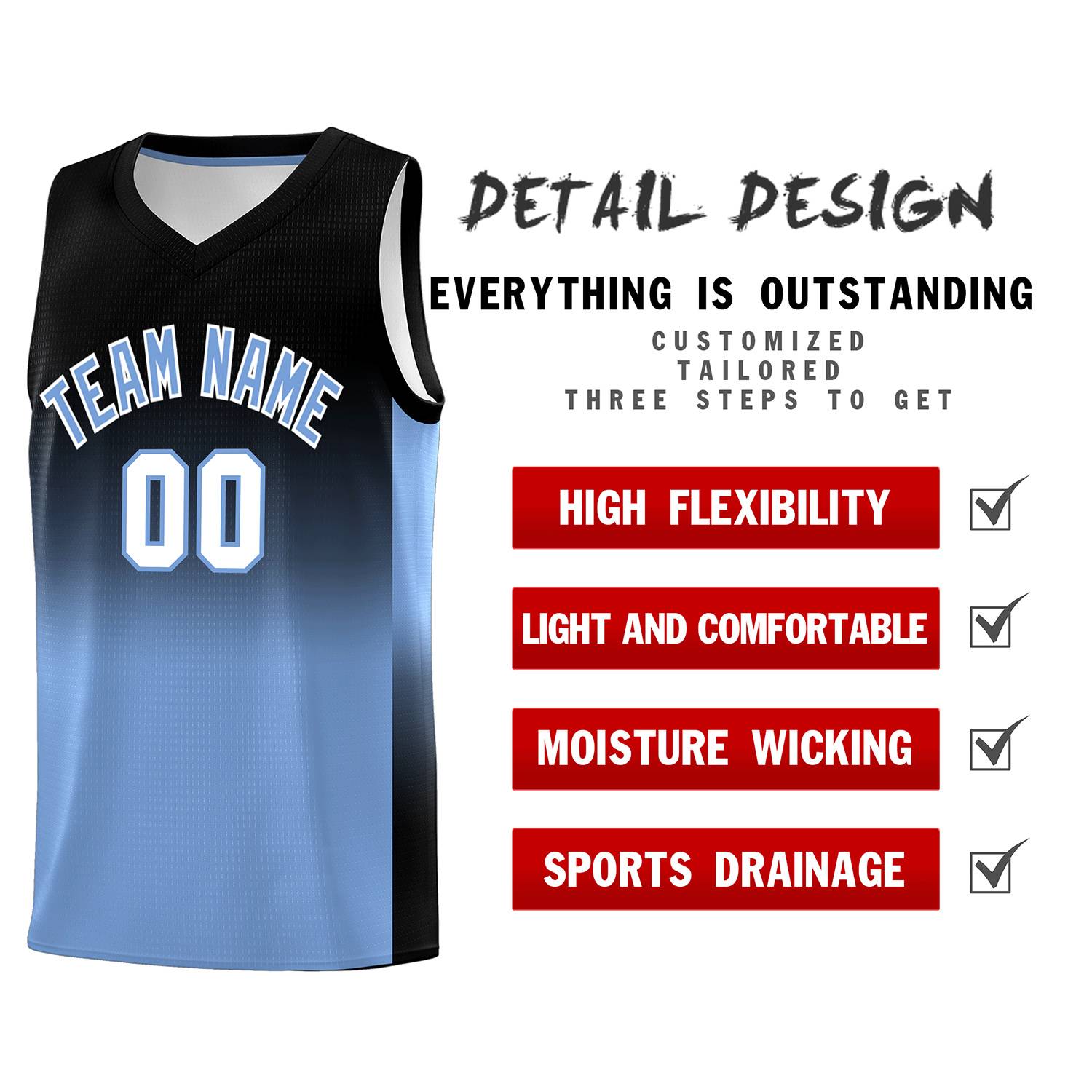 Custom Black Light Blue Gradient Fashion Sets Sports Uniform Basketball Jersey