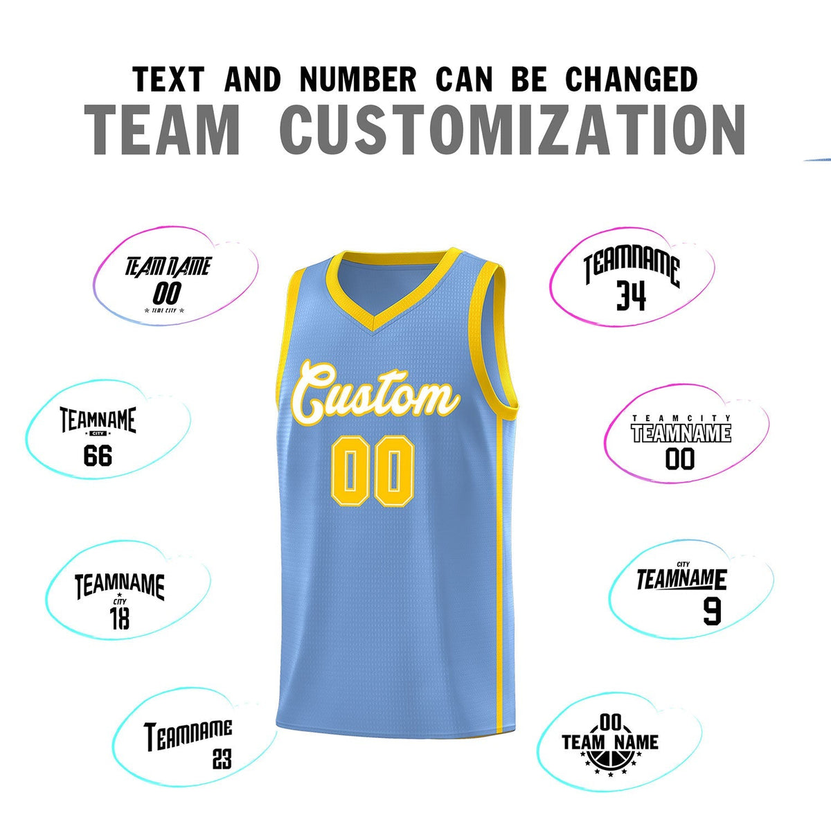 Custom Light Blue White-Gold Side Two Bars Sports Uniform Basketball Jersey