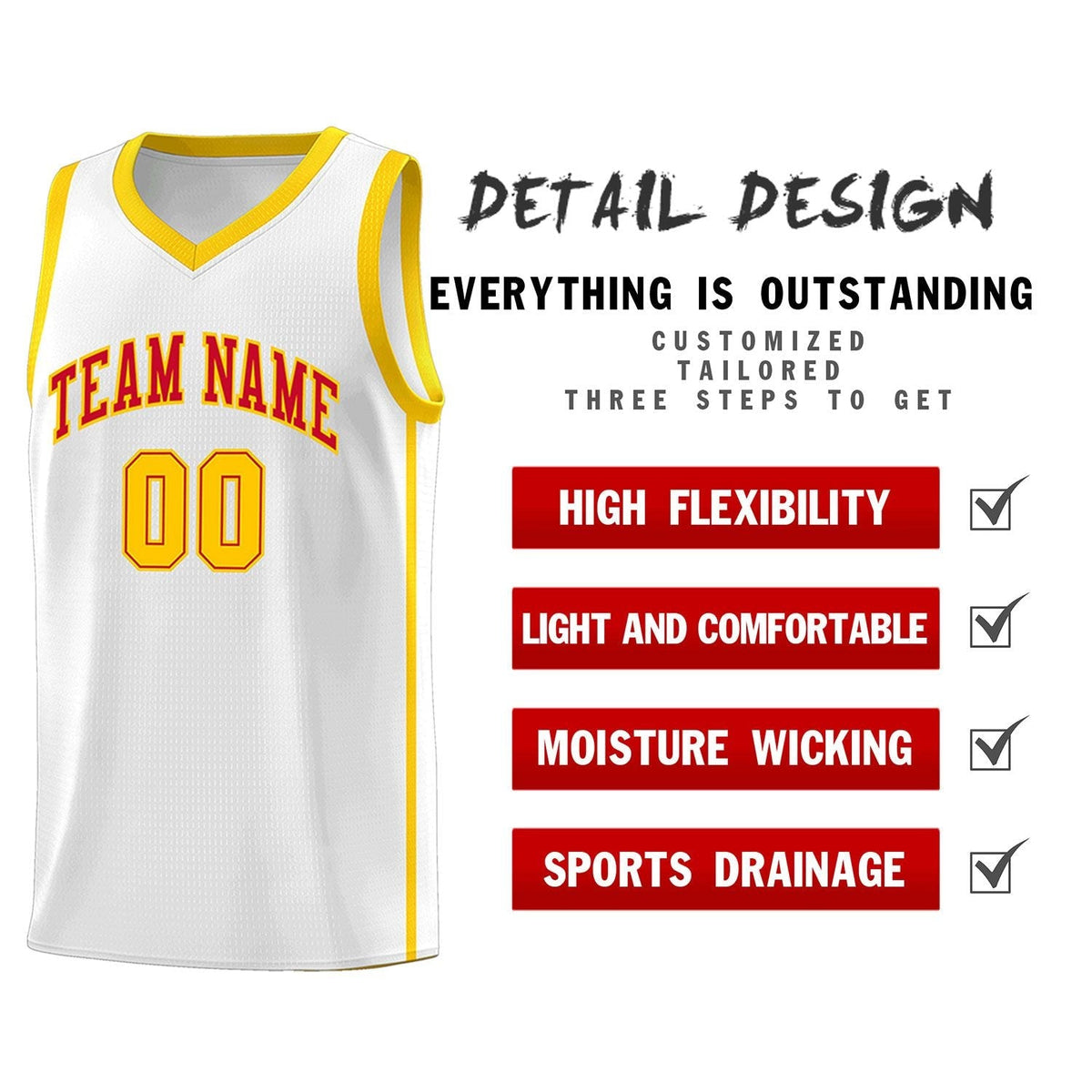 Custom White Red-Gold Side Two Bars Sports Uniform Basketball Jersey