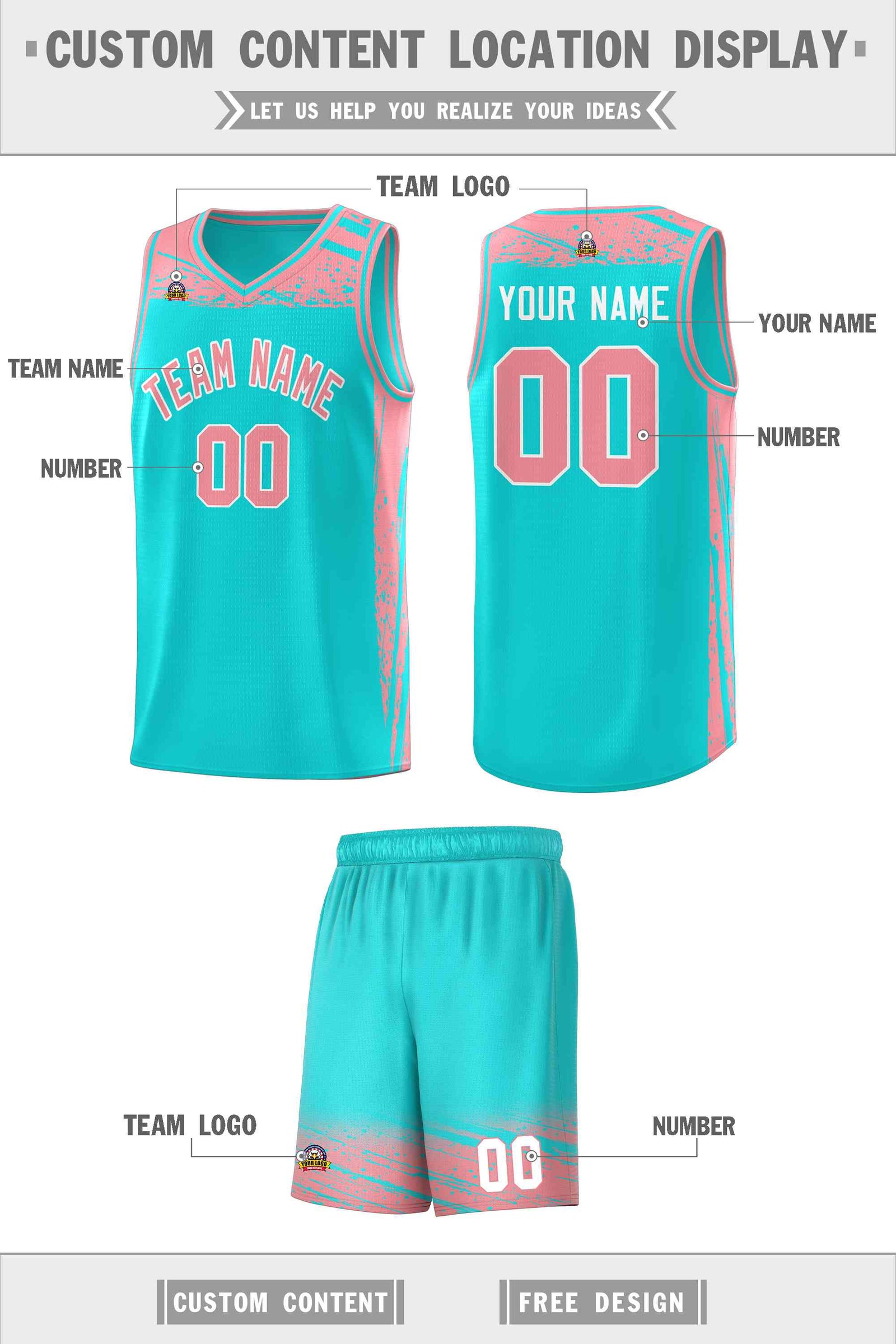 Custom Aqua Light Pink Graffiti Pattern Sports Uniform Basketball Jersey