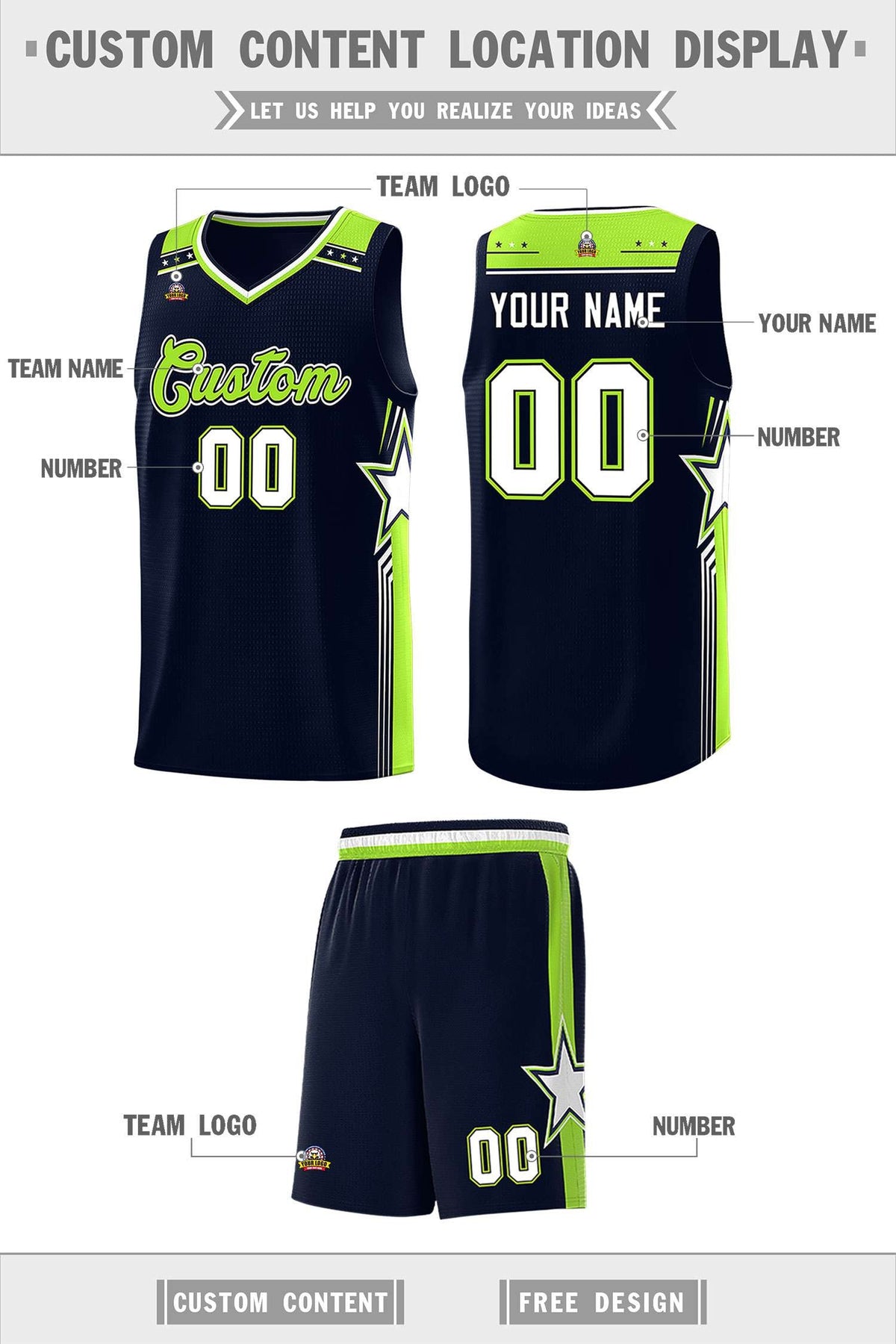 Custom Navy Neon Green Star Graffiti Pattern Sports Uniform Basketball Jersey