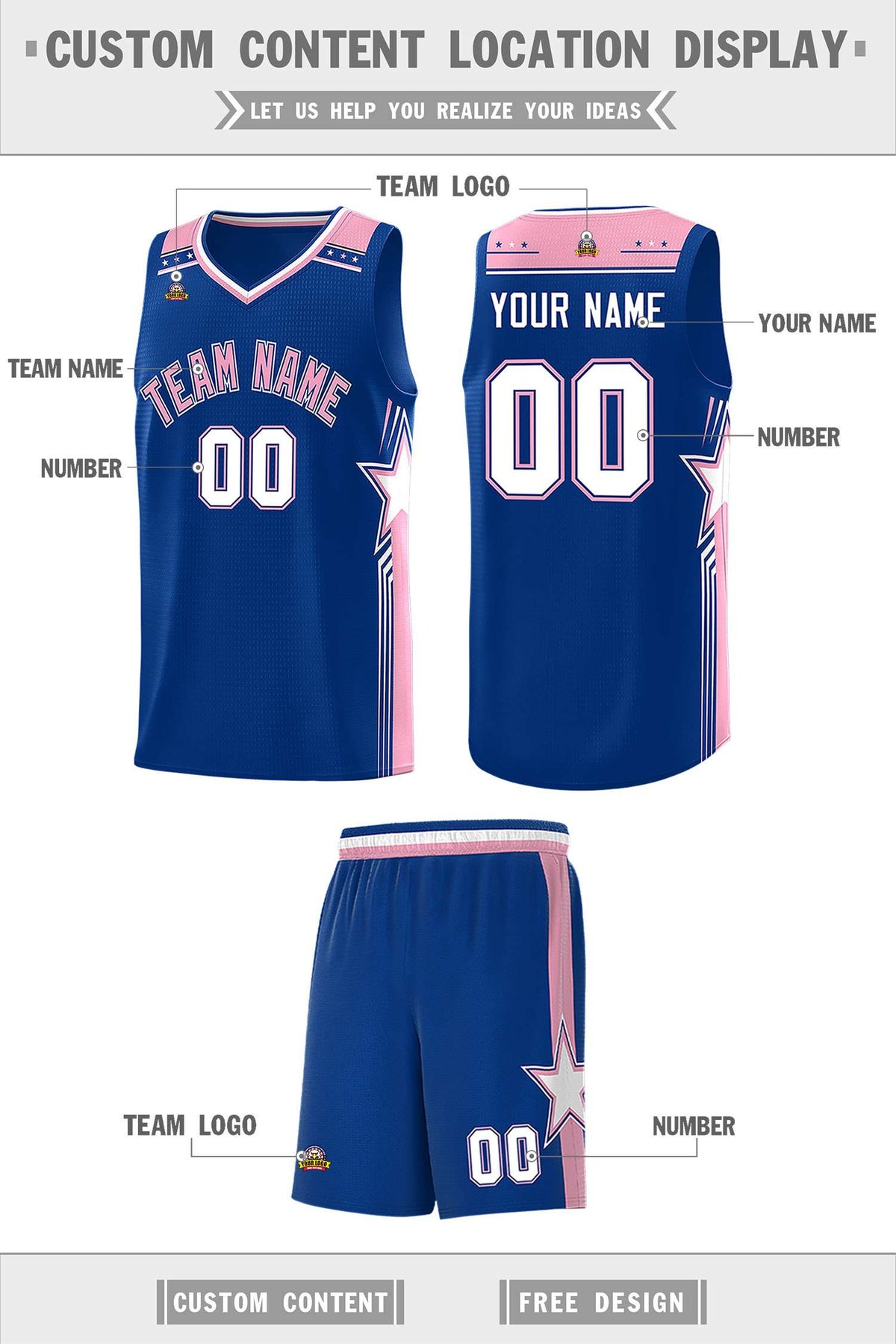 Custom Royal Light Pink Star Graffiti Pattern Sports Uniform Basketball Jersey