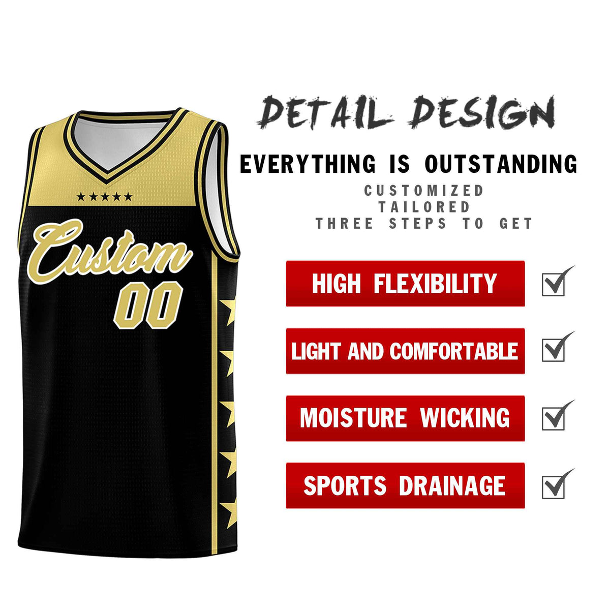 Custom Black Old Gold Color Block Sets Sports Uniform Basketball Jersey