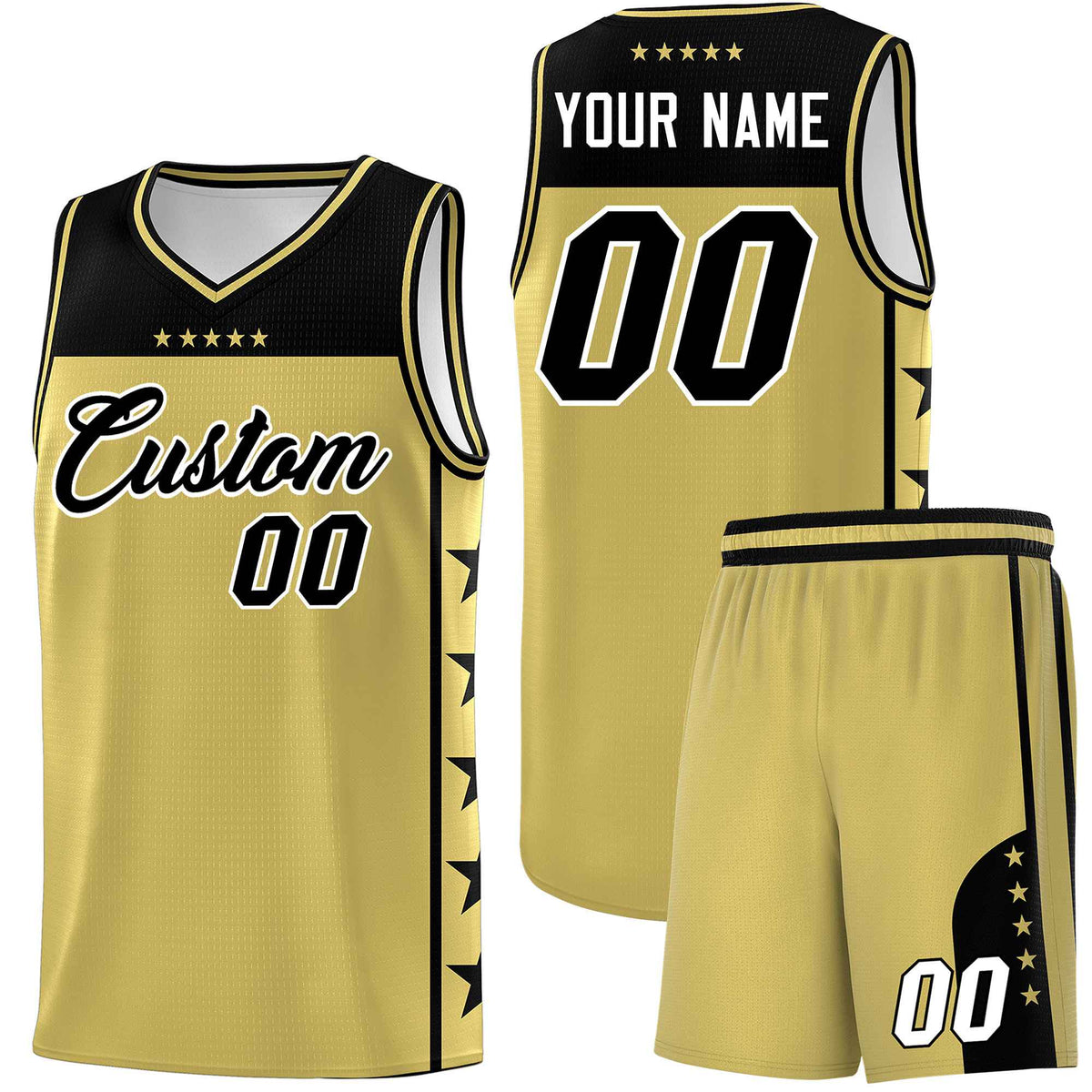 Custom Old Gold Black Color Block Sets Sports Uniform Basketball Jersey