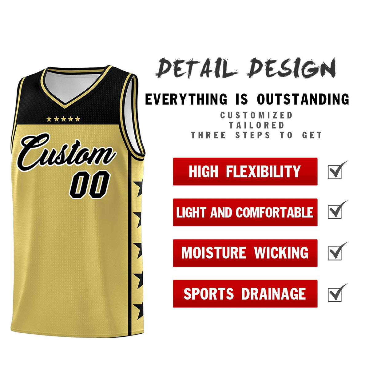 Custom Old Gold Black Color Block Sets Sports Uniform Basketball Jersey