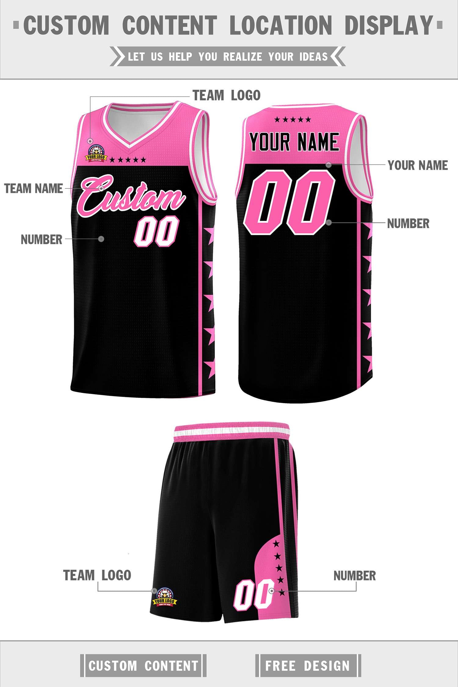 Custom Black Pink Color Block Sets Sports Uniform Basketball Jersey