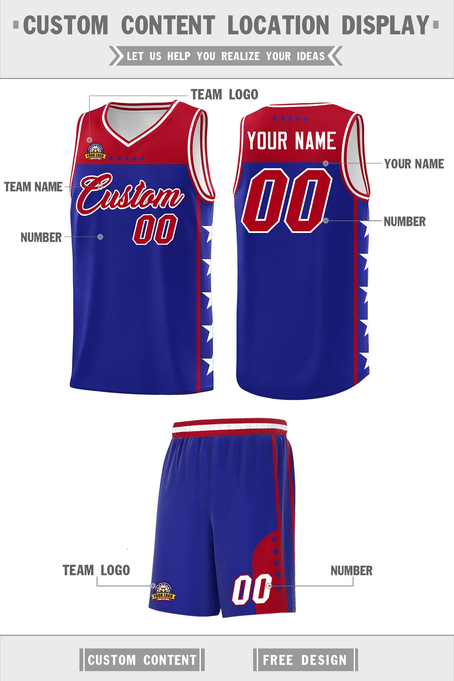 Custom Royal Red Color Block Sets Sports Uniform Basketball Jersey