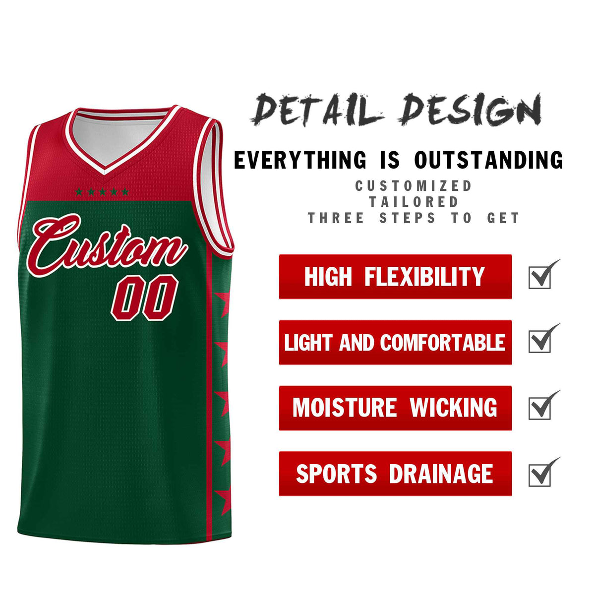 Custom Kelly Green Red Color Block Sets Sports Uniform Basketball Jersey