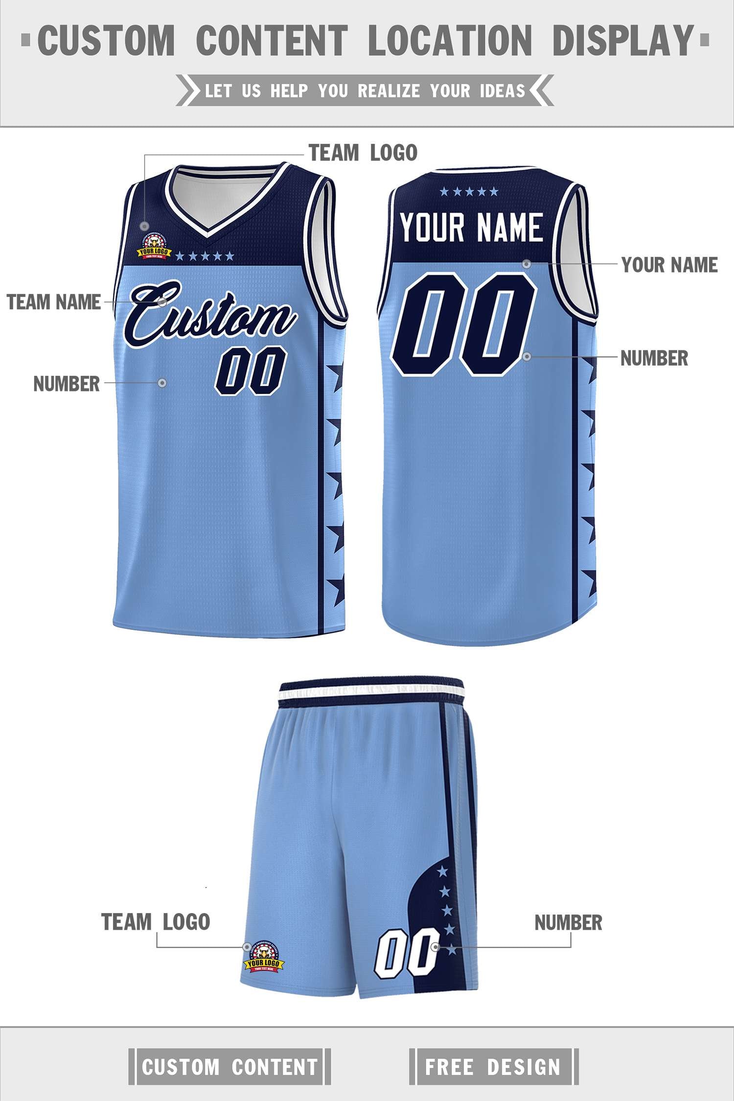 Custom Light Blue Navy Color Block Sets Sports Uniform Basketball Jersey