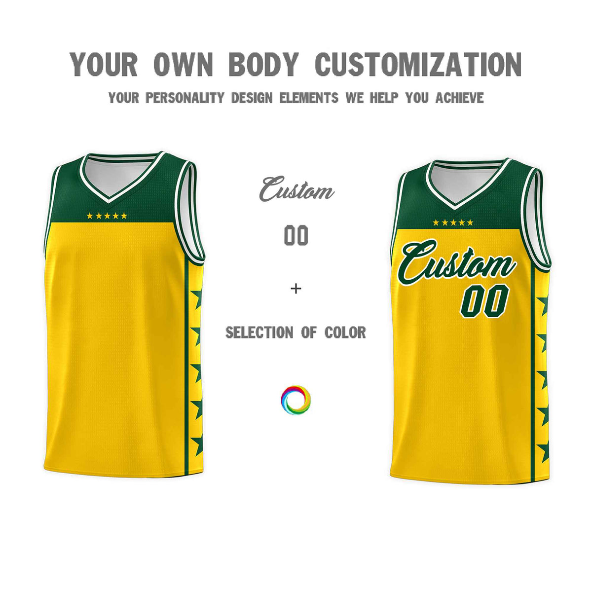 Custom Gold Kelly Green Color Block Sets Sports Uniform Basketball Jersey