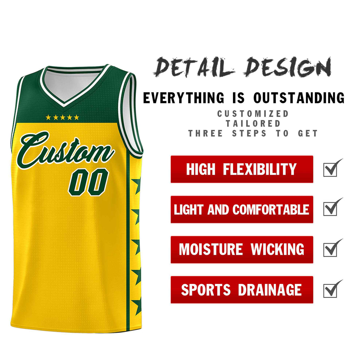 Custom Gold Kelly Green Color Block Sets Sports Uniform Basketball Jersey