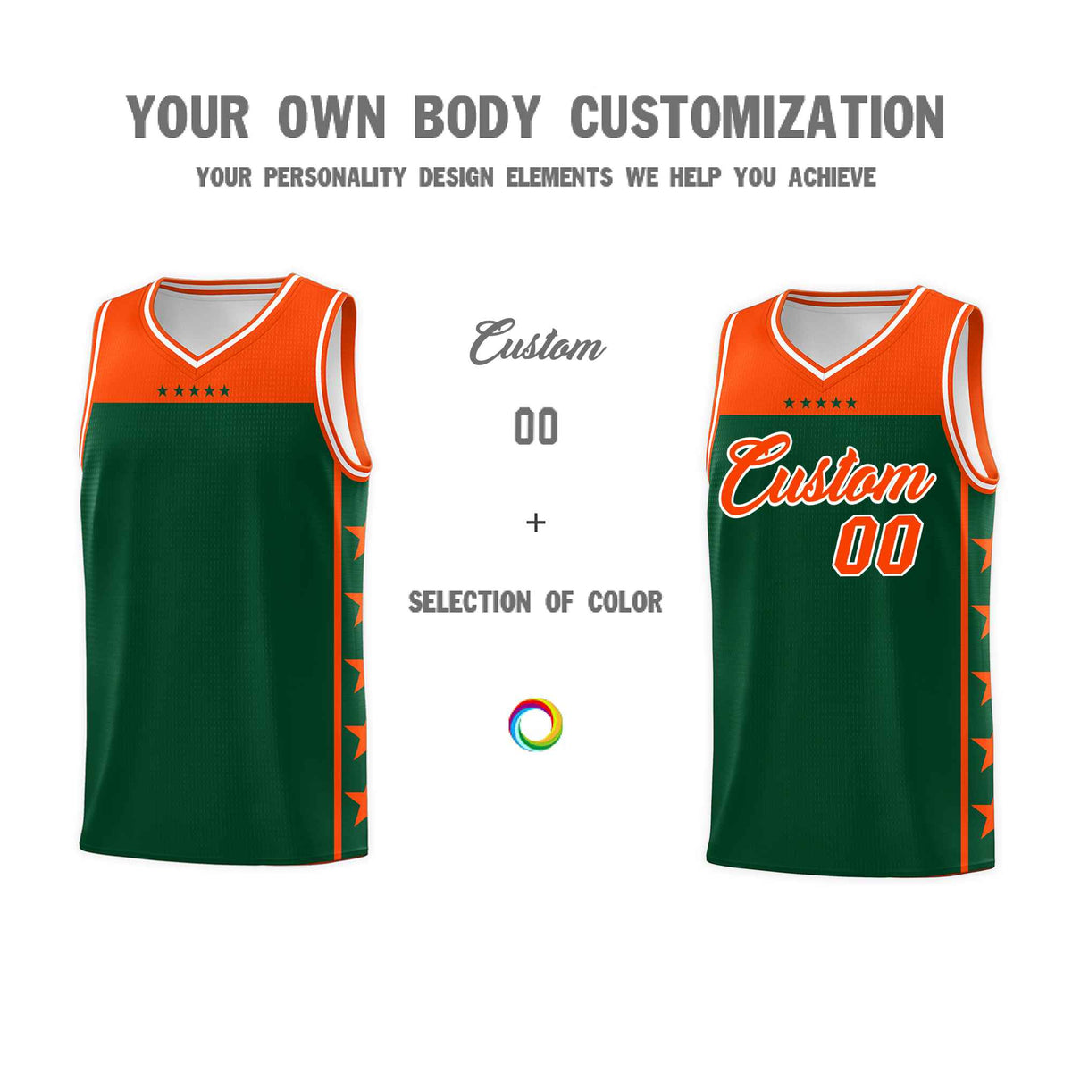 Custom Kelly Green Orange Color Block Sets Sports Uniform Basketball Jersey
