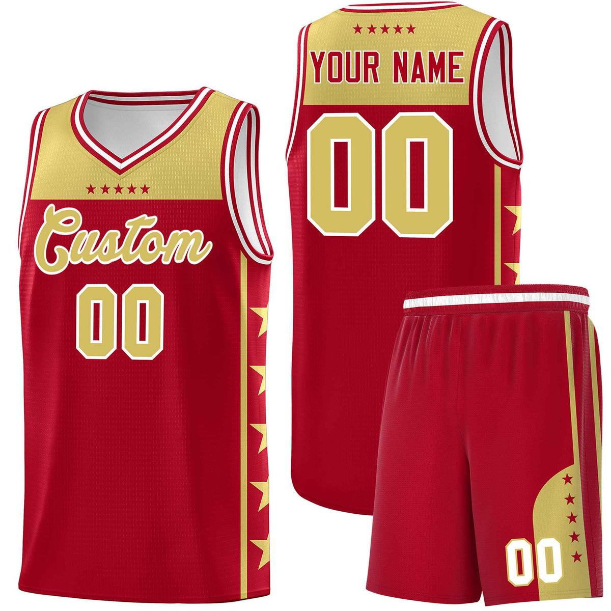 Custom Red Old Gold Color Block Sets Sports Uniform Basketball Jersey