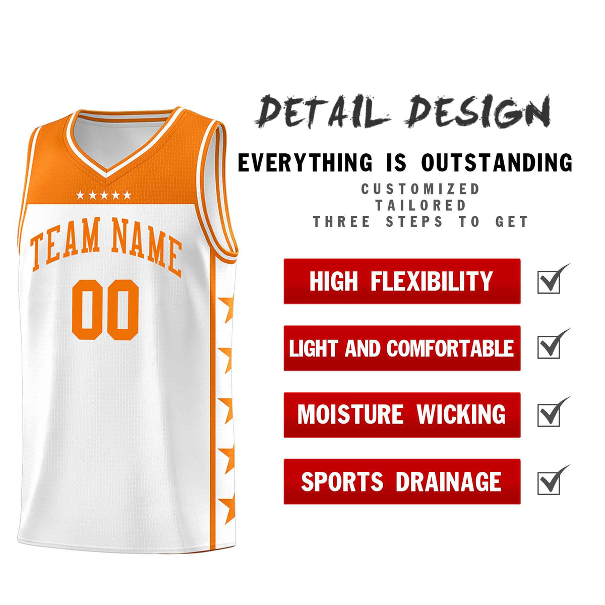 Custom White Orange Color Block Sets Sports Uniform Basketball Jersey