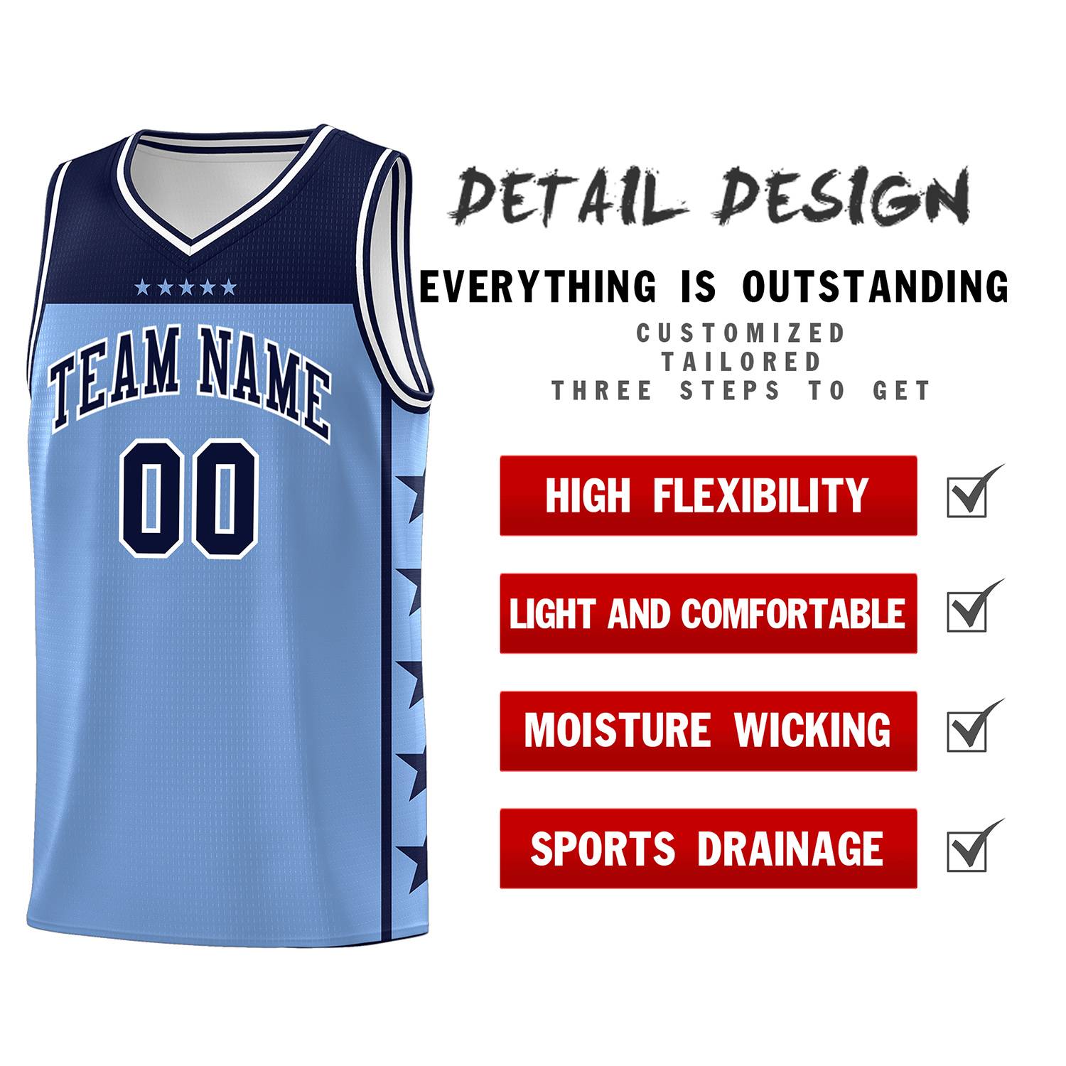 Custom Light Blue Navy Color Block Sets Sports Uniform Basketball Jersey