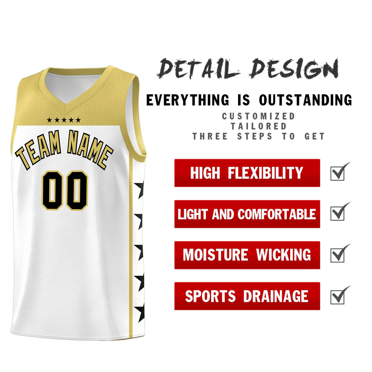 Custom White Old Gold Color Block Sets Sports Uniform Basketball Jersey