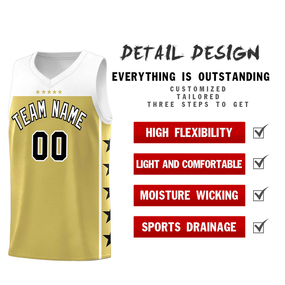 Custom Old Gold White Color Block Sets Sports Uniform Basketball Jersey