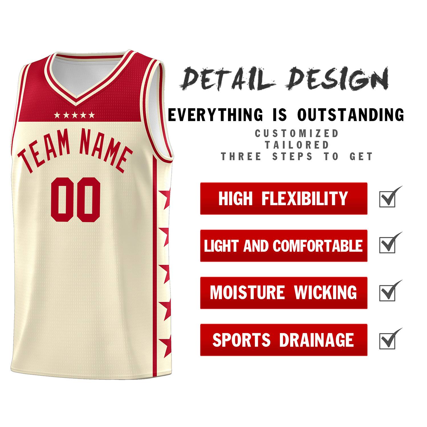 Custom Cream Red Color Block Sets Sports Uniform Basketball Jersey