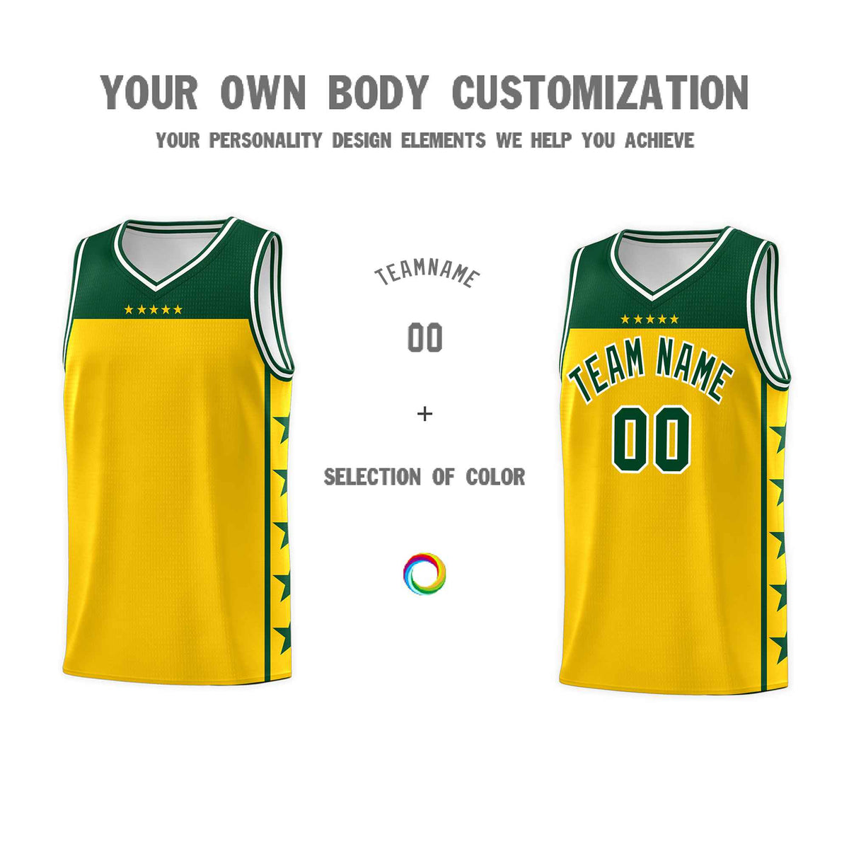 Custom Gold Kelly Green Color Block Sets Sports Uniform Basketball Jersey