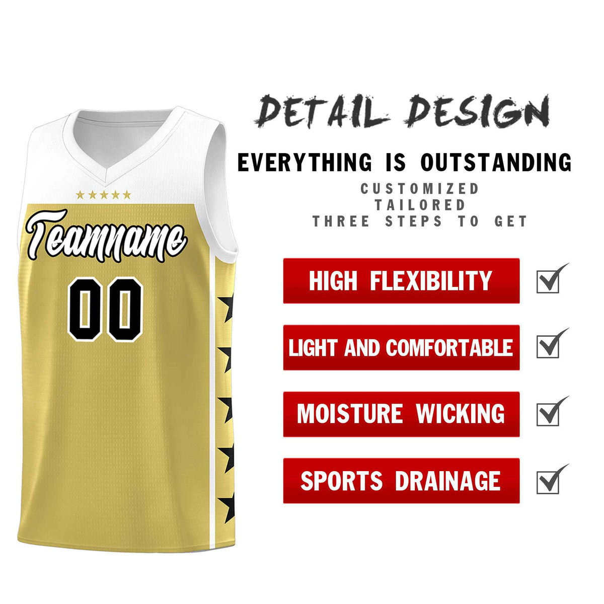 Custom Old Gold White Color Block Sets Sports Uniform Basketball Jersey